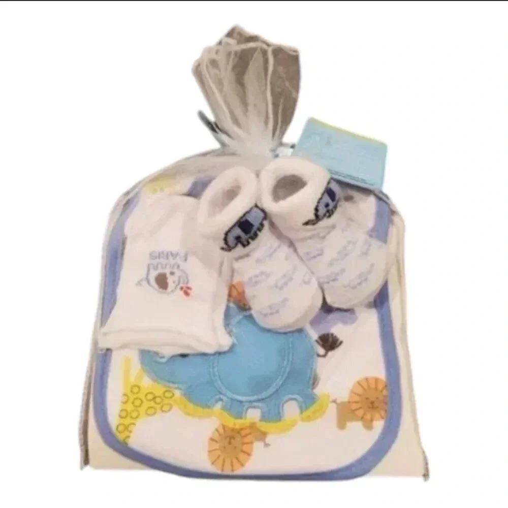 Baby Boy Gift Set Safari Bib, Mittens, Socks Gift Set With Organza Bag
